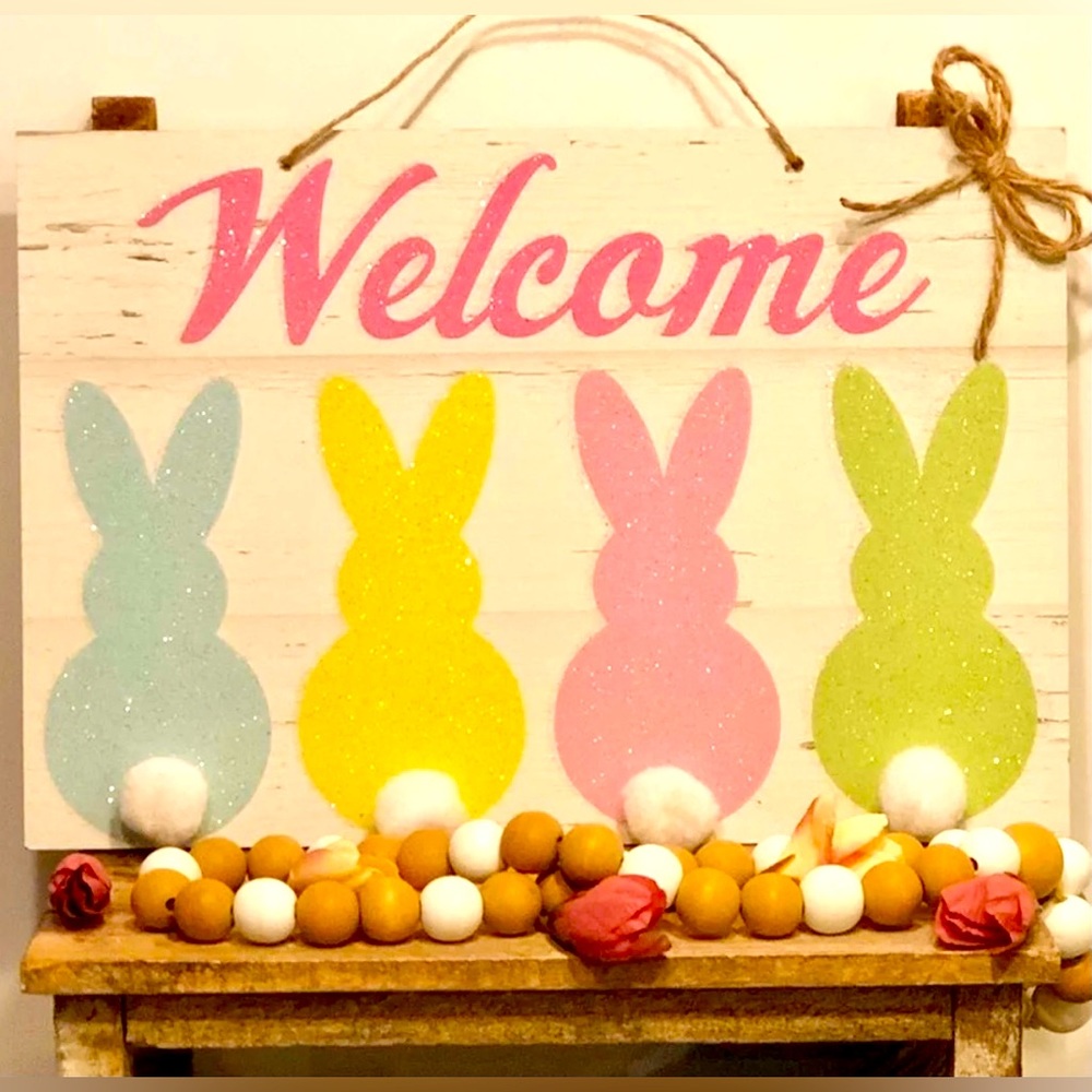 🌸 PASTEL GLITTER BUNNY SIGN 🌸
